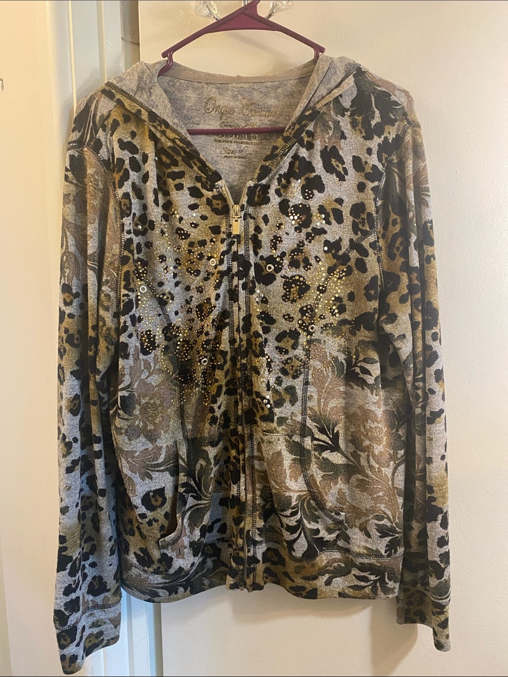 Onque Casuals Taupe and Gold Leopard Sequin Zip Hoodie
